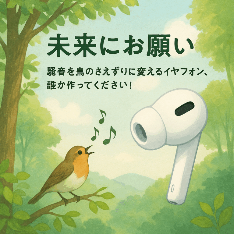 鳥のさえずりを届ける未来のイヤフォンのイメージ。森の中で小鳥がさえずり、イヤフォンがその音を受け取っている様子と「未来にお願い 騒音を鳥のさえずりに変えるイヤフォン、誰か作ってください！」というメッセージが描かれたやさしい雰囲気のイラスト。